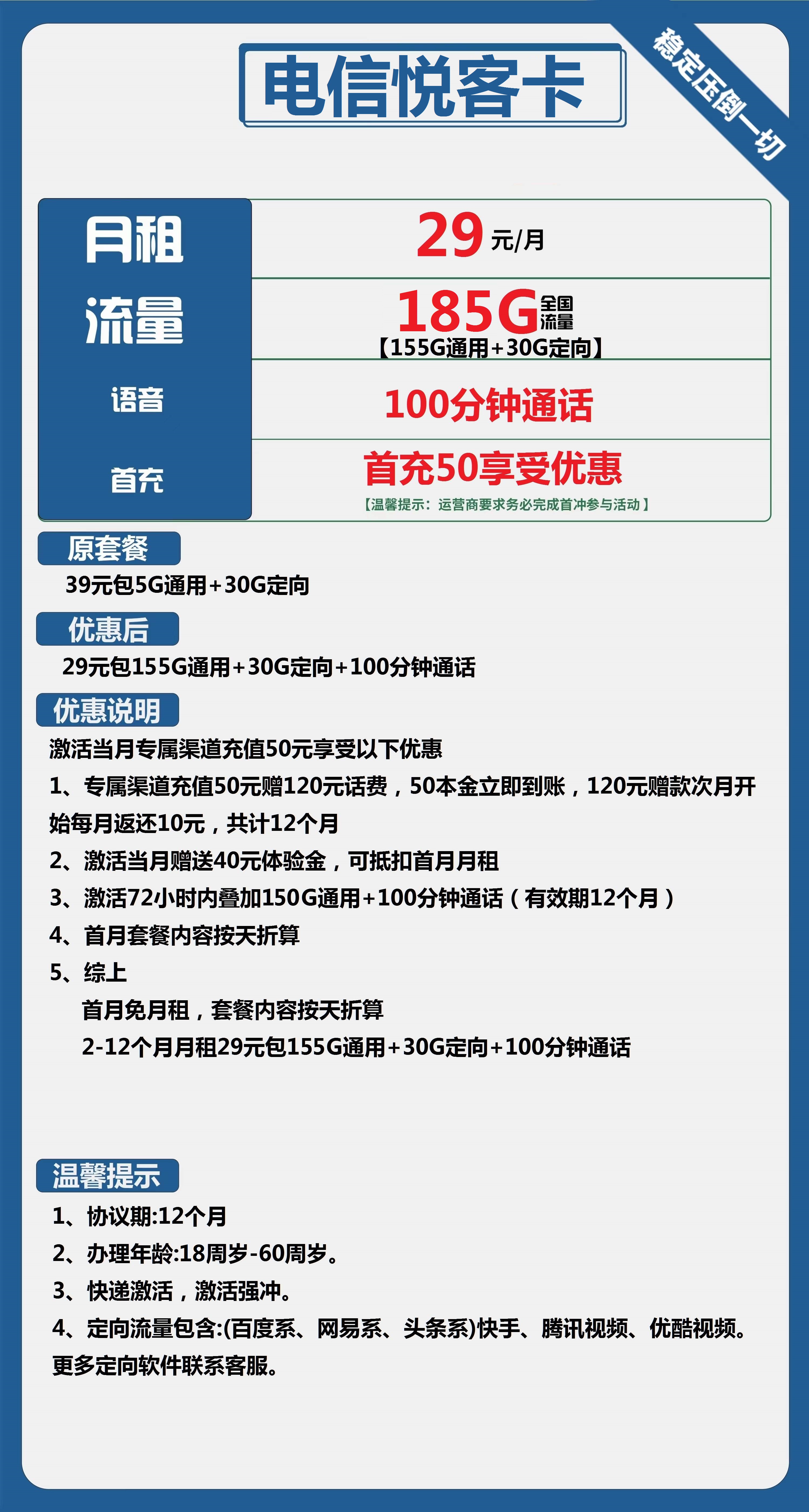 电信悦客卡：29元包155G通用流量+30G定向流量+100分钟通话