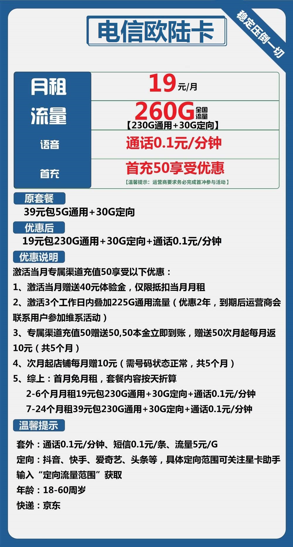 电信欧陆卡：19元包230G通用流量+30G定向流量