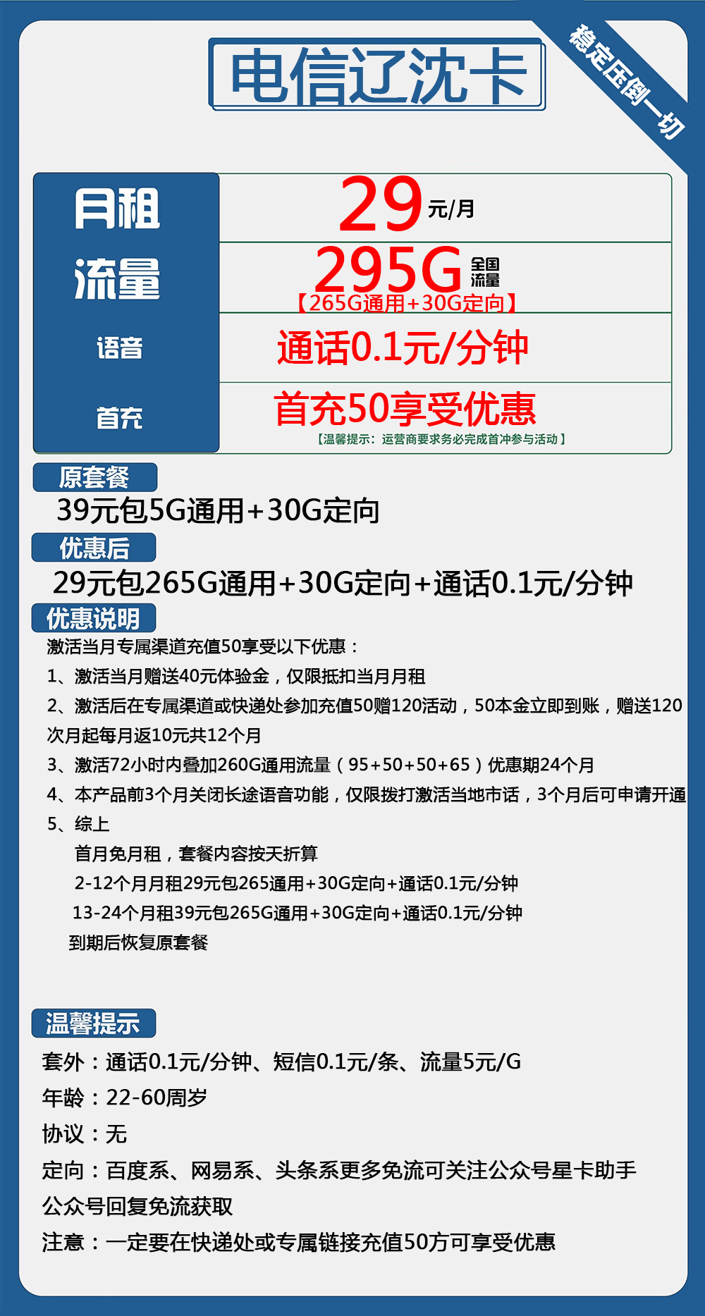 电信辽沈卡：29元包265G通用流量+30G定向流量