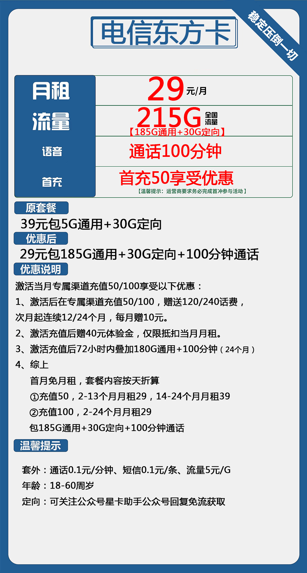 电信东方卡：29元包185G通用流量+30G定向流量+100分钟通话