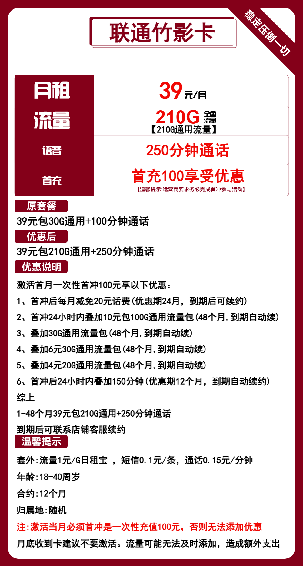 联通竹影卡，39元包210G通用+250分钟通话